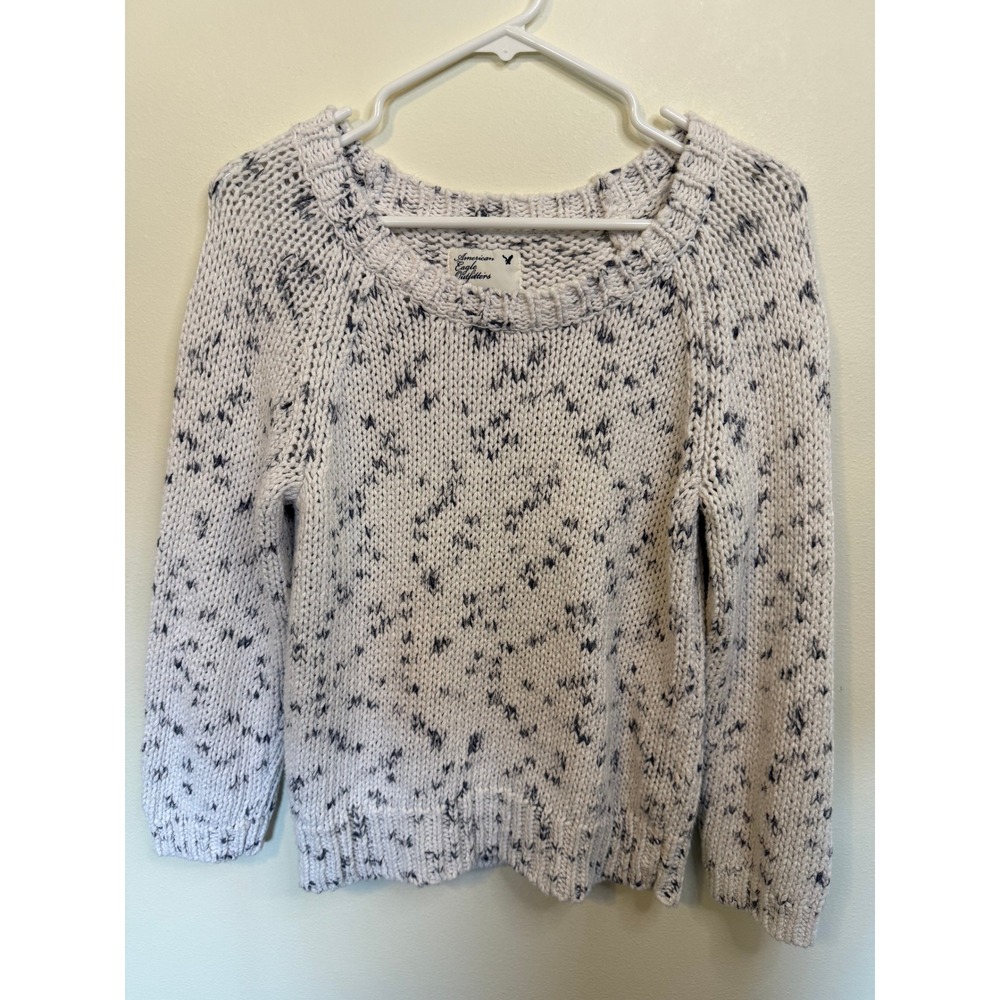 American Eagle Sweater Womens M White Blue Excellent Chunky Knit Marled Pullover